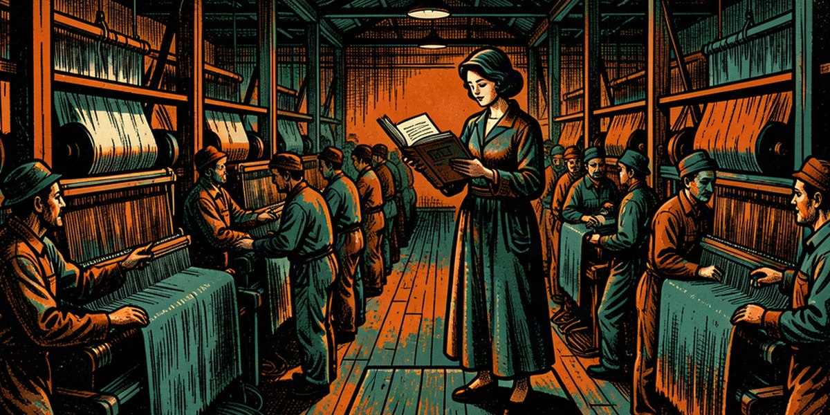 Чтица читает книгу рабочим среди шумных станков yradar.ru