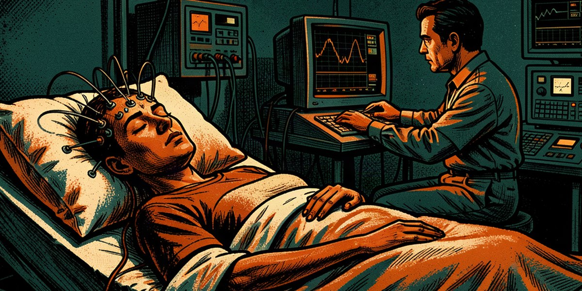 Доброволец спит с датчиками в лаборатории сна yradar.ru